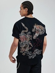 Men’s Embroidered Dragon T-Shirt Hip Hop Short Sleeve Heavy Stitch Streetwear
