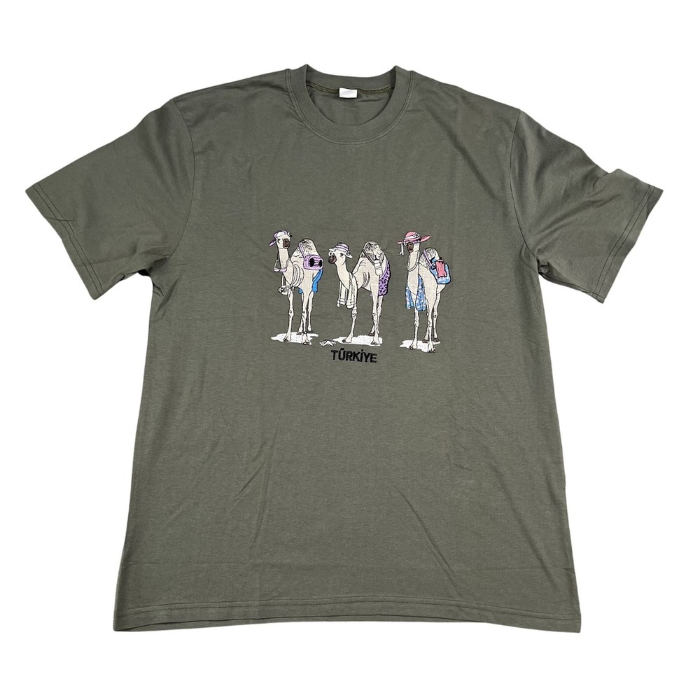 Turkiye Turkey T-Shirt Olive Green Embroidered Camels Shirt Sz XL