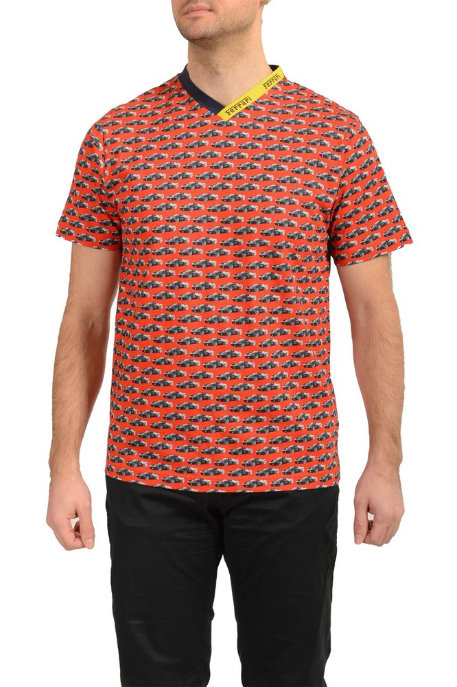 Scuderia Ferrari Men “Allover” Logo V-Neck Short Sleeve T-Shirt US 2XL IT 56