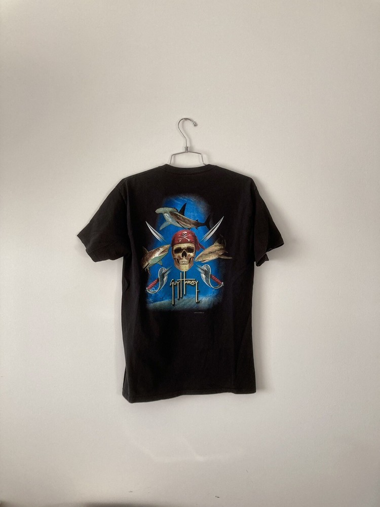 Vintage 2008 Guy Harvey Original Skull Pirate Sharks Black T Shirt Size Youth XL
