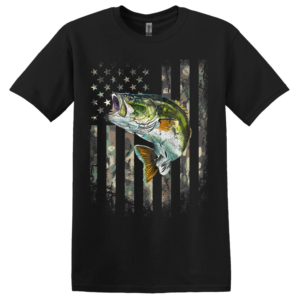 Camo Bass American Flag T-Shirt – Choose Your Color & Size