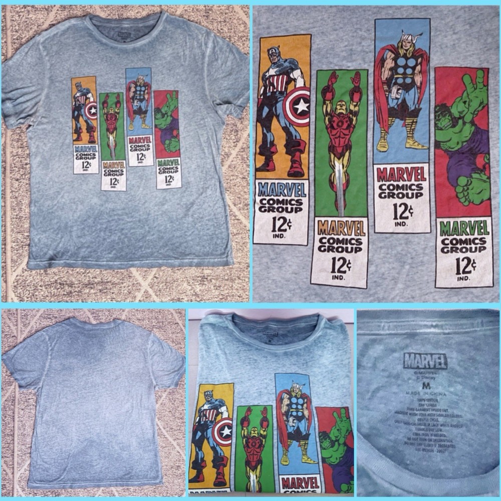 Marvel Tee Shirt Hulk Thor Iron Man Captain America Men’s Sz M Blue Cotton Retro