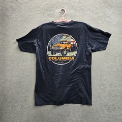 Columbia Men Shirt L Navy Graphic Truck Flag Outdoor Logo Short Sleeve