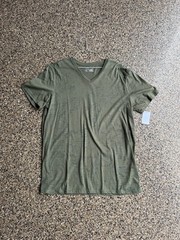 Olive green V-neck tee with a soft, breathable fabric.