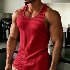 2026 New Men’s Rib Knit Tank Tops Elastic Slim Fit Fitness Gym Vest