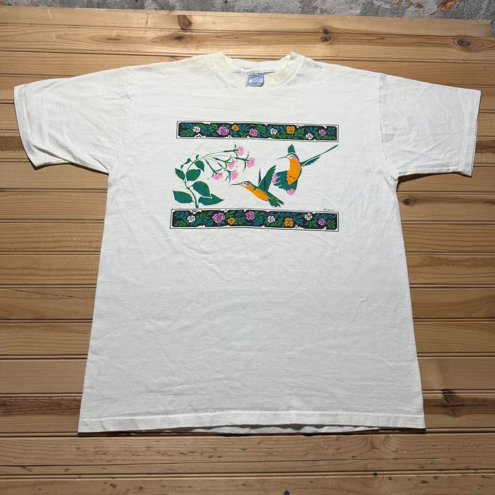 Vintage 90s Air Waves Hummingbird Floral Single Stitch Graphic T-Shirt USA – XL