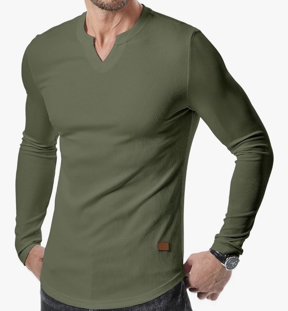 Mens Long Sleeve Muscle T Shirts Casual V-Neck Army Green SM! JMIERR