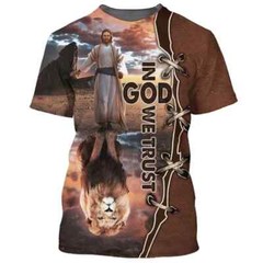 In God We Trust Jesus And The Lion 3D Shirt All Over Print Shirt Full Size S-5XL