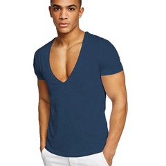 Men’s Deep V-Neck T-Shirt, Cotton Fitness Leisure Tops, Solid Color Europe Size