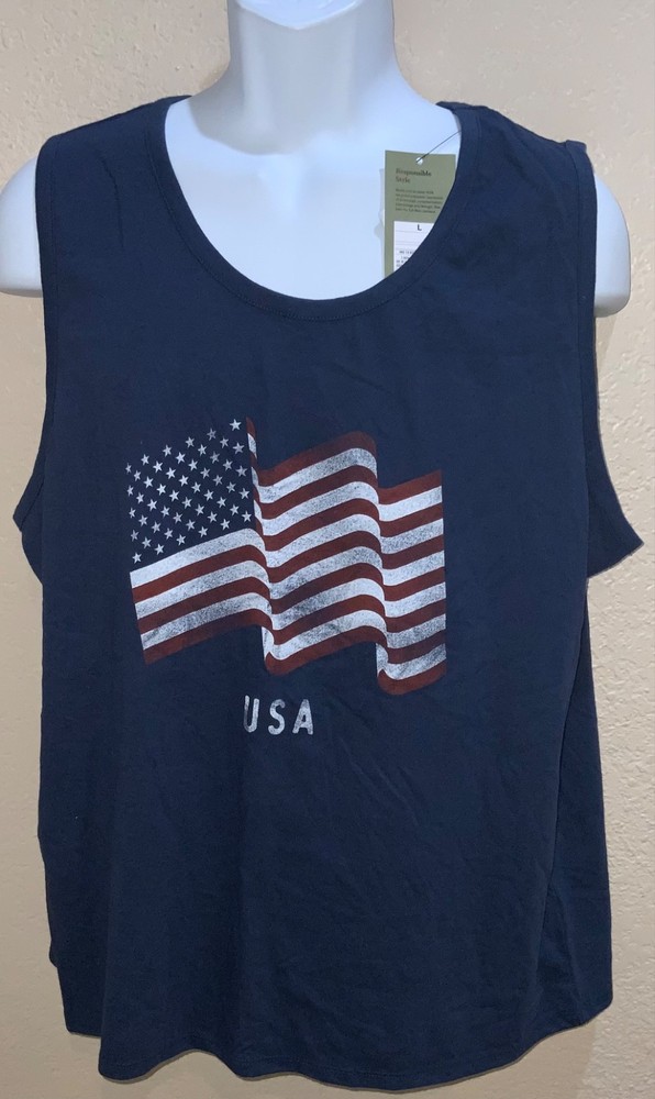 tank top NAVY Blue USA flag print Soft feel Goodfellow Cotton Blend LARGE size