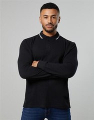 Mens Long Sleeve Polo Shirt Plain Tipped Collar Casual Cotton Tops AWDis