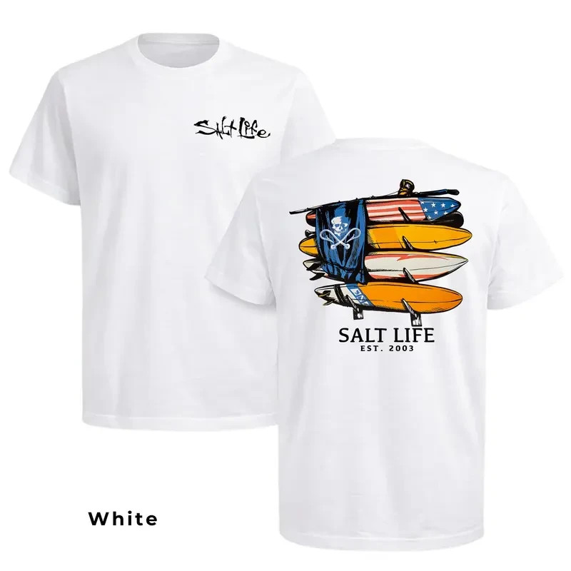 Salt Life Surfboards T-Shirt 2 Sided – American Flag Boards & Skull, Beach Adven