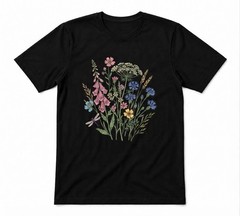 Wildflower Floral Boho Flower Bird Lover Graphic Unisex Black T-shirt