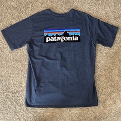 Patagonia Men’s Blue Short Sleeve Crew Neck Graphic Logo Back Of Tee XL