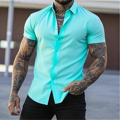 High quality men’s fitness short-sleeved shirt, business casual solid color stre