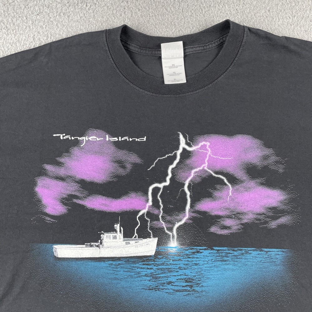 Vtg Gildan Black XL Tangier Island Virginia Lightning Boat Graphic East Coast