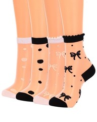 Womens Sheer Ankle Socks Polka Dot Bow Pattern 4 Pairs Black White