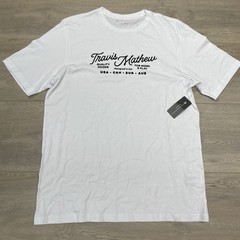 NWT Travis Mathew Whte Cursive Script T Shirt Men Sz L Casual Prep Golf