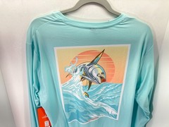 Habit Crooked ELM Graphic T-Shirt Mens M Aqua Blue Long Sleeve Solar Factor NWT