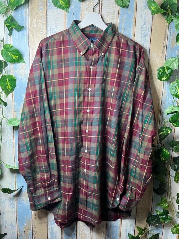 Ralph Lauren BLAKE Check Button Down Shirt Bordeaux Green Long Sleeve For 14Y+