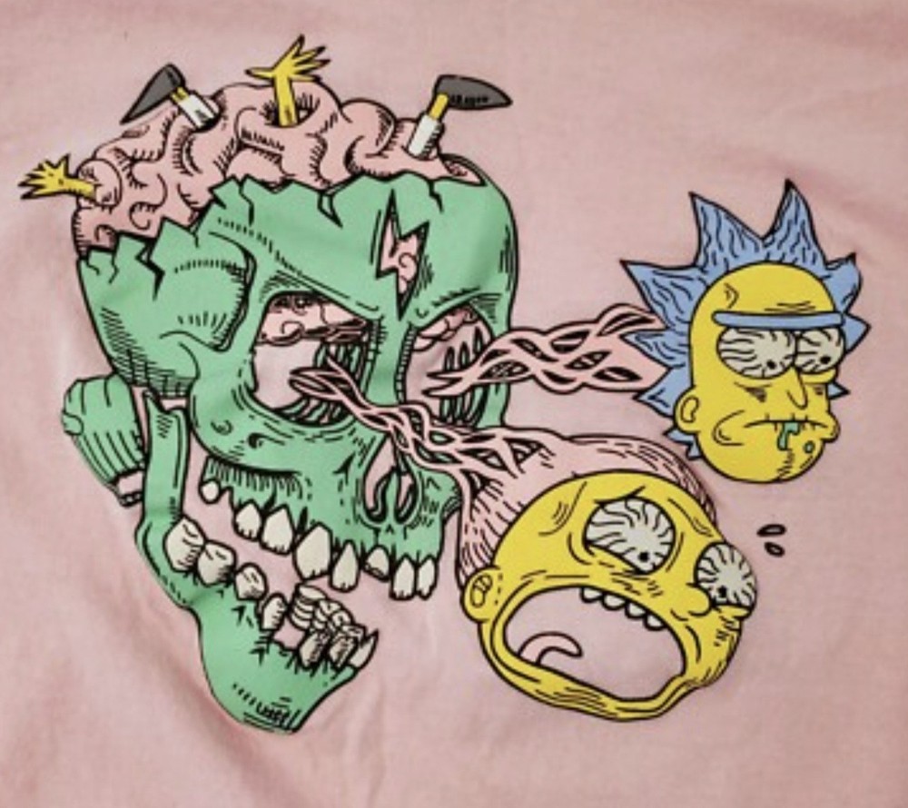 Rick and Morty Pink Skull Graphic Tee Long Sleeve Adult Size Medium