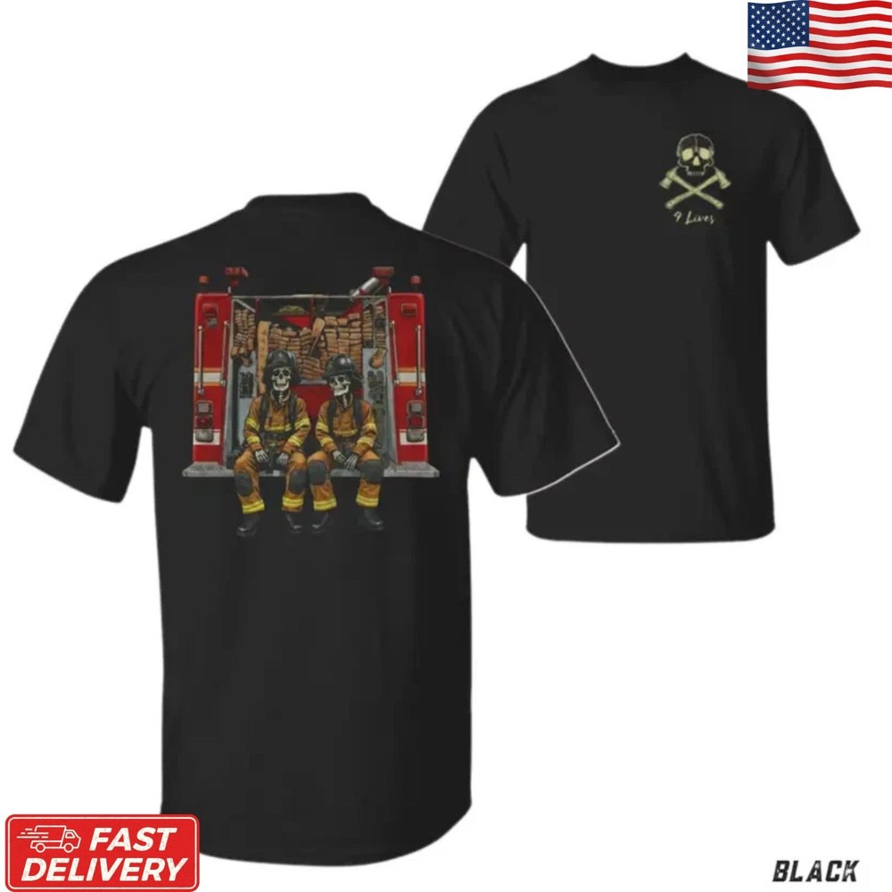 Firefighter Skull Brotherhood T-Shirt Fire Truck Back Print Fireman Graphic Tee