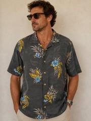 Tommy Bahama 100% Silk Hawaiian Shirt Mens Black Floral Tropical Button Up Resor