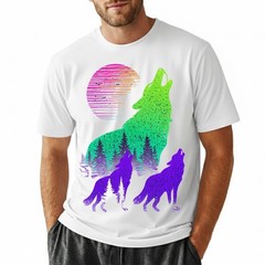 Wolves Howling Moon Forest Silhouette Neon Synthwave Retro Graphic Tee