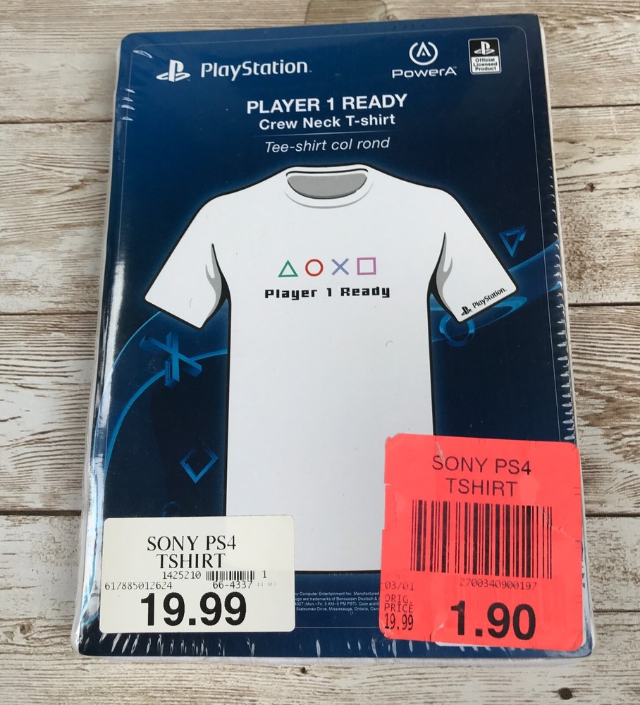 Playstation Mens T-shirt Player 1 Ready Graphic White Crew Neck Mens LARGE PS4