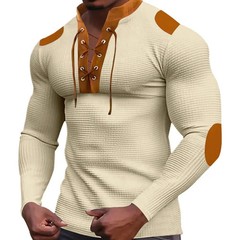 Cross-border new men’s waffle color matching strap V-neck top casual.
