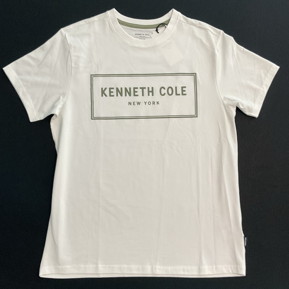 Kenneth Cole Graphic Tee shirt Men’s Size Medium Raised Logo Moss Stone White