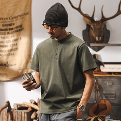 American retro T-shirt men new short-sleeved men summer Henry collar