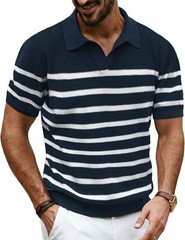 Mens V-Neck Polo Shirt Knit Textured Breathable Summer Casual Top