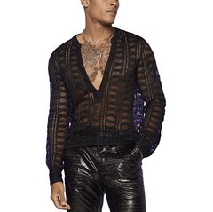 Men’s V-Neck Lace Long Sleeved T-Shirt with Transparent Mesh Elastic Shirt Base
