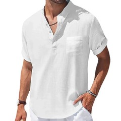 Summer New Men’s Cotton and Linen Shirts Short-Sleeved T-shirt Henry Collar Casu