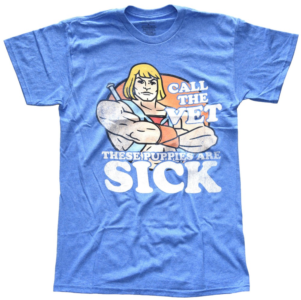 Heman Call the Vet These Puppies are Sick Men’s Blue Heather T-Shirt New