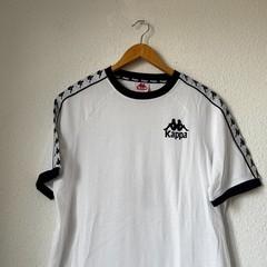 Kappa Banda T-Shirt – White/Black Ringer Tee with Logo Tape Sleeves – XL