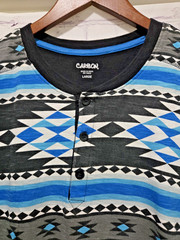 Carbon Mens Aztec Print Shirt Size L Short Sleeve Black Blue Button
