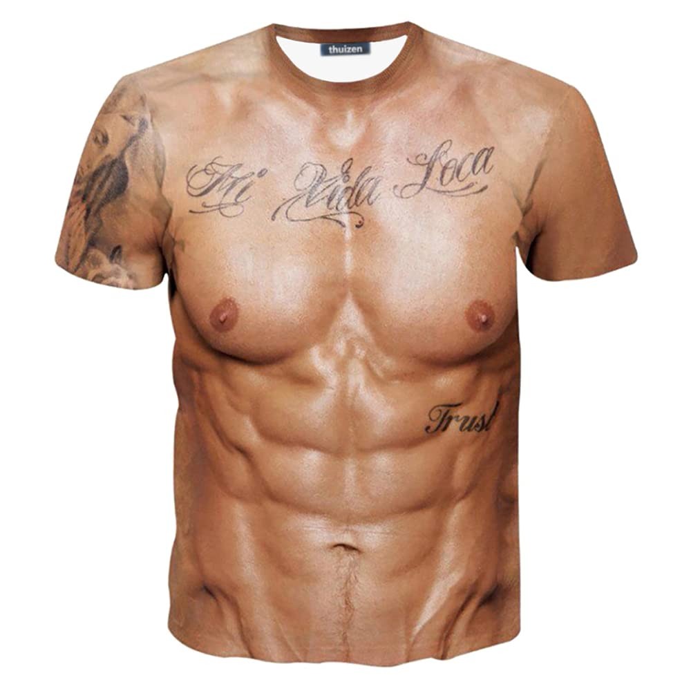 thuizen Men’s 3D Naked Muscle Costume Funny Prank T-Shirt (Muscle, M)