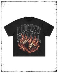 Men’s Vintage Washed Graphic T-Shirt Dice Skull Fire Print Streetwear Tee