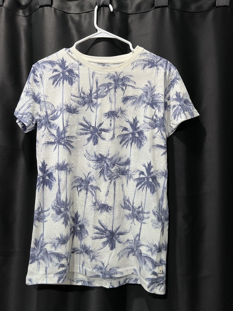 American Eagle Shirt Mens S/P Short Sleeve White Blue Palm Trees Seriously Soft