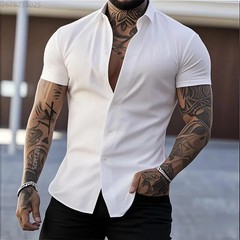 High quality men’s fitness short-sleeved shirt, business casual solid color stre