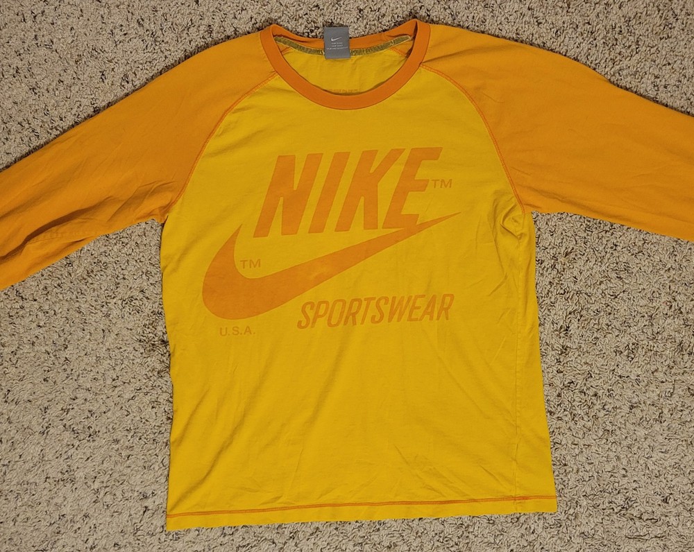 Nike Sportswear USA Raglan Long Sleeve T-Shirt Men’s L Yellow Orange VTG