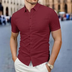 Men Shirt Short Sleeve Solid Color Business Casual Summer Wrinkle Free Top Soft
