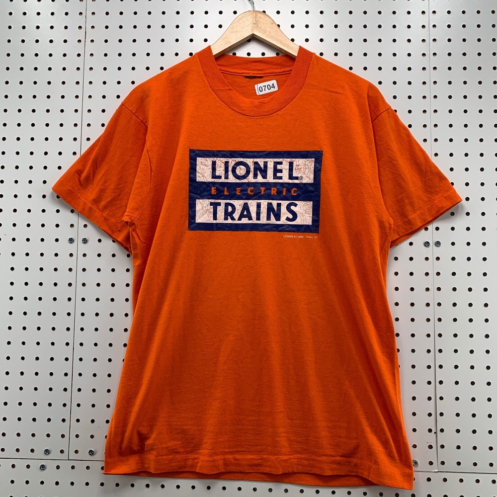 Vintage 80s Lionel Electric Shirt Mens FITS Medium Orange Single Stitch 19×28.5