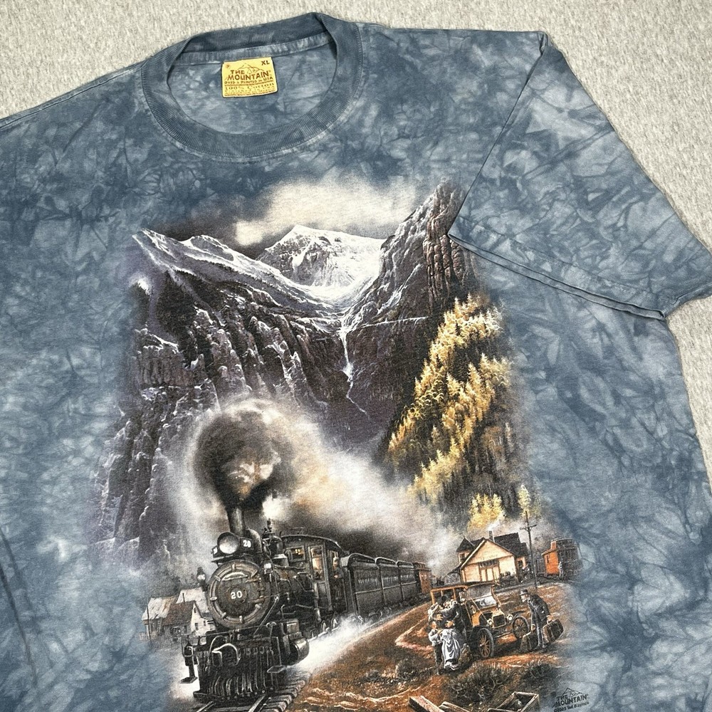 Vintage The Mountain Steam Train Shirt Mens XL Blue Tie-Dye Railroad Art Tee 90s