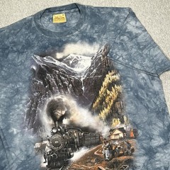 Vintage The Mountain Steam Train Shirt Mens XL Blue Tie-Dye Railroad Art Tee 90s