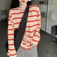 Korean Fashion Women’s Loose Striped Blouse Long Sleeve Crew Neck Streetwear