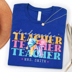 Personalized Kindergarten Teacher Shirt Custom Name Bow Back to School Gift Tee