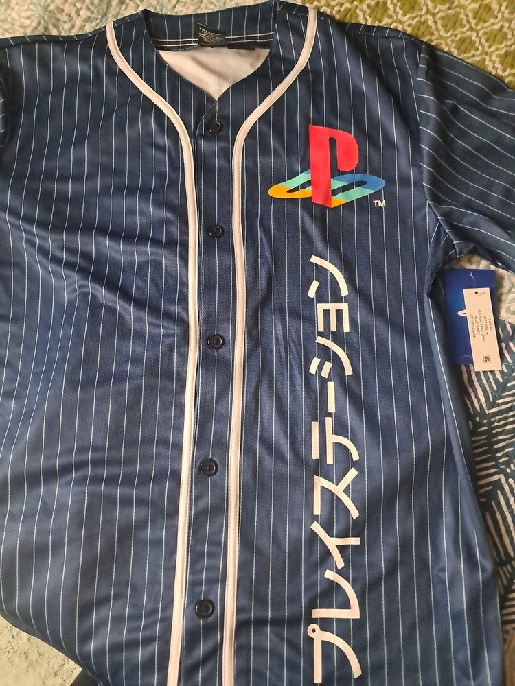 PLAYSTATION Kanji Logo Short Sleeve Blue Jersey Unisex NWT Size SMALL 34-36